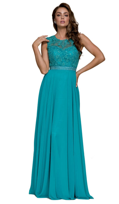Nox Anabel - Y101P Embroidered Jewel Neck Chiffon A-line Dress Special Occasion Dress 4XL / Jade