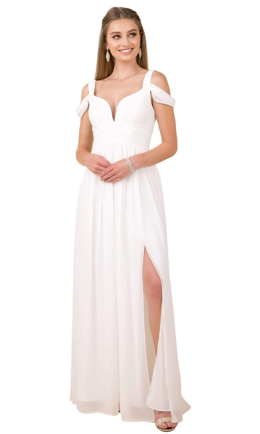 Nox Anabel - Cold Shoulder V-Neck Dress with Slit Y277 - 1 pc White in Size L Available CCSALE L / White