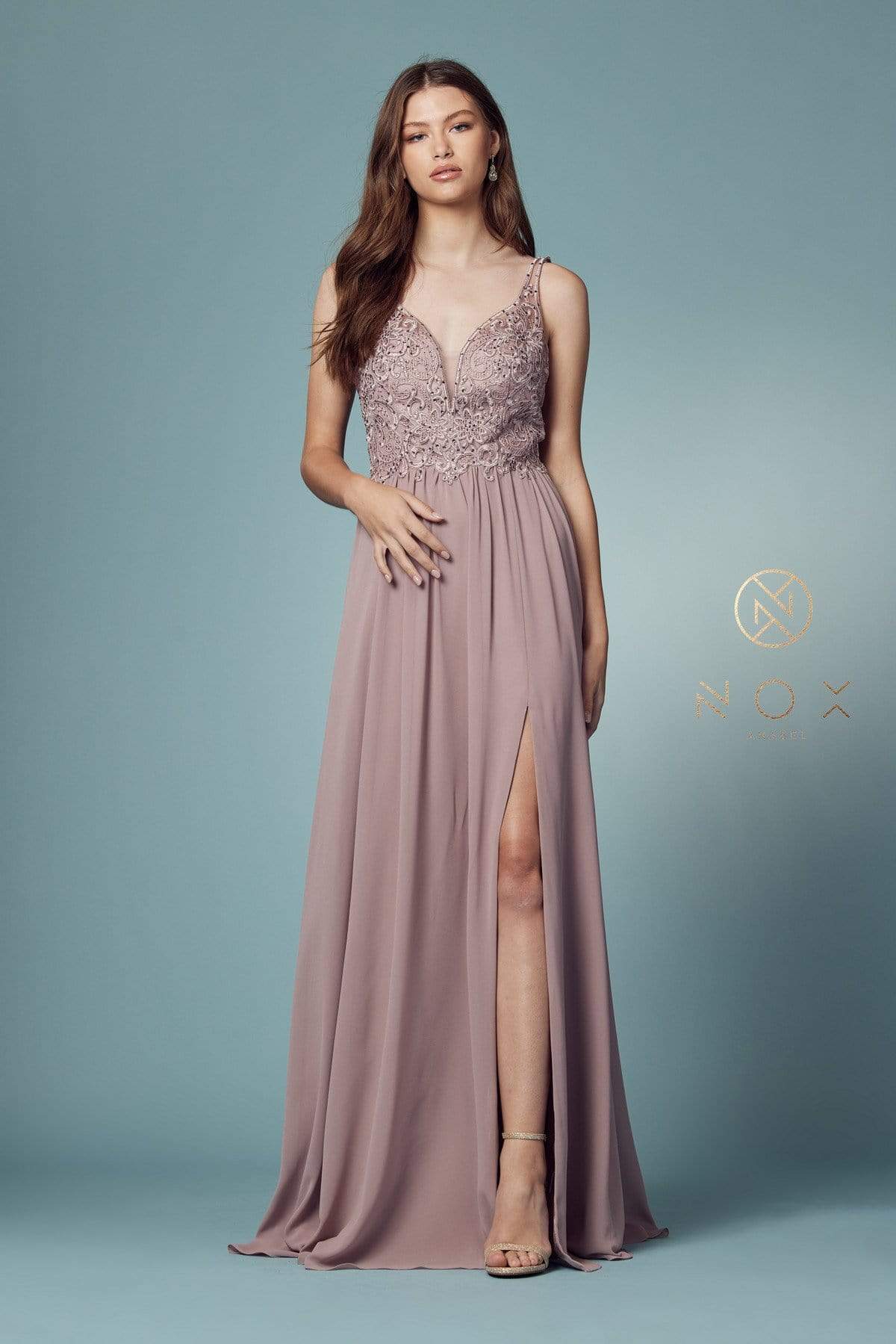 Nox Anabel - Y299 Sleeveless Beaded Lace Applique Bodice A-Line Gown Evening Dresses XS / Light Mauve