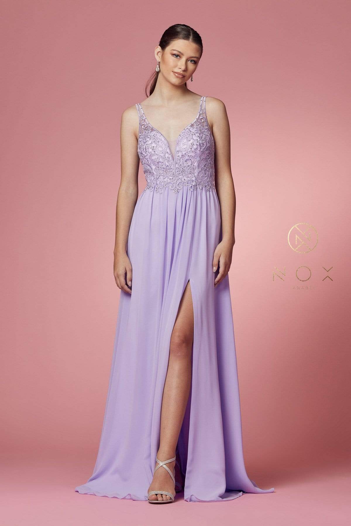 Nox Anabel - Y299 Sleeveless Beaded Lace Applique Bodice A-Line Gown Evening Dresses XS / Lilac
