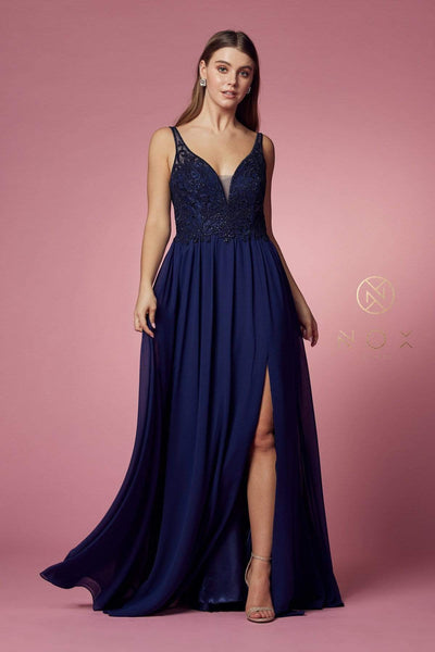 Nox Anabel - Y299 Sleeveless Beaded Lace Applique Bodice A-Line Gown Evening Dresses XS / Navy Blue