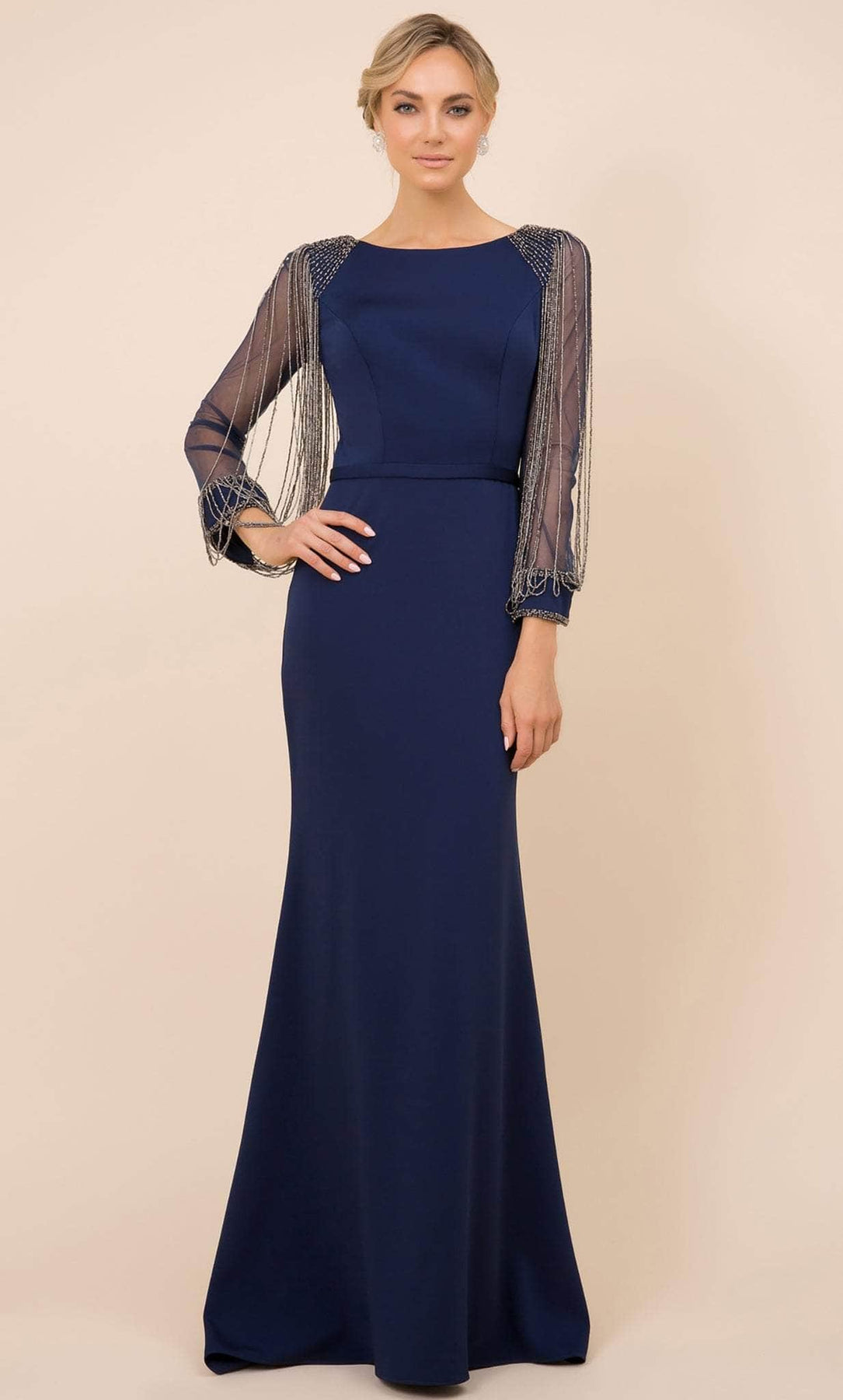 Nox Anabel Y410 - Long Polyester Sheath Dress - Modest, Formal, Fringe beads, Fitted bodice, Long sleeves, Enclosed back, Back zipper, Floor length, Sweep train ADASA Nox Anabel Y410 - Long Polyester Sheath Dress - Modest, Formal, Fringe beads, Fitted bodice, Long sleeves, Enclosed back, Back zipper, Floor length, Sweep train ADASA