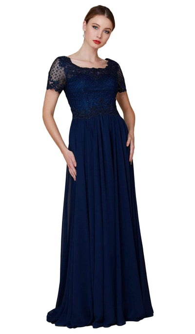 Nox Anabel - Y514 Lace Applique Short Sleeve Top Chiffon Dress Mother of the Bride Dresses S / Navy Blue