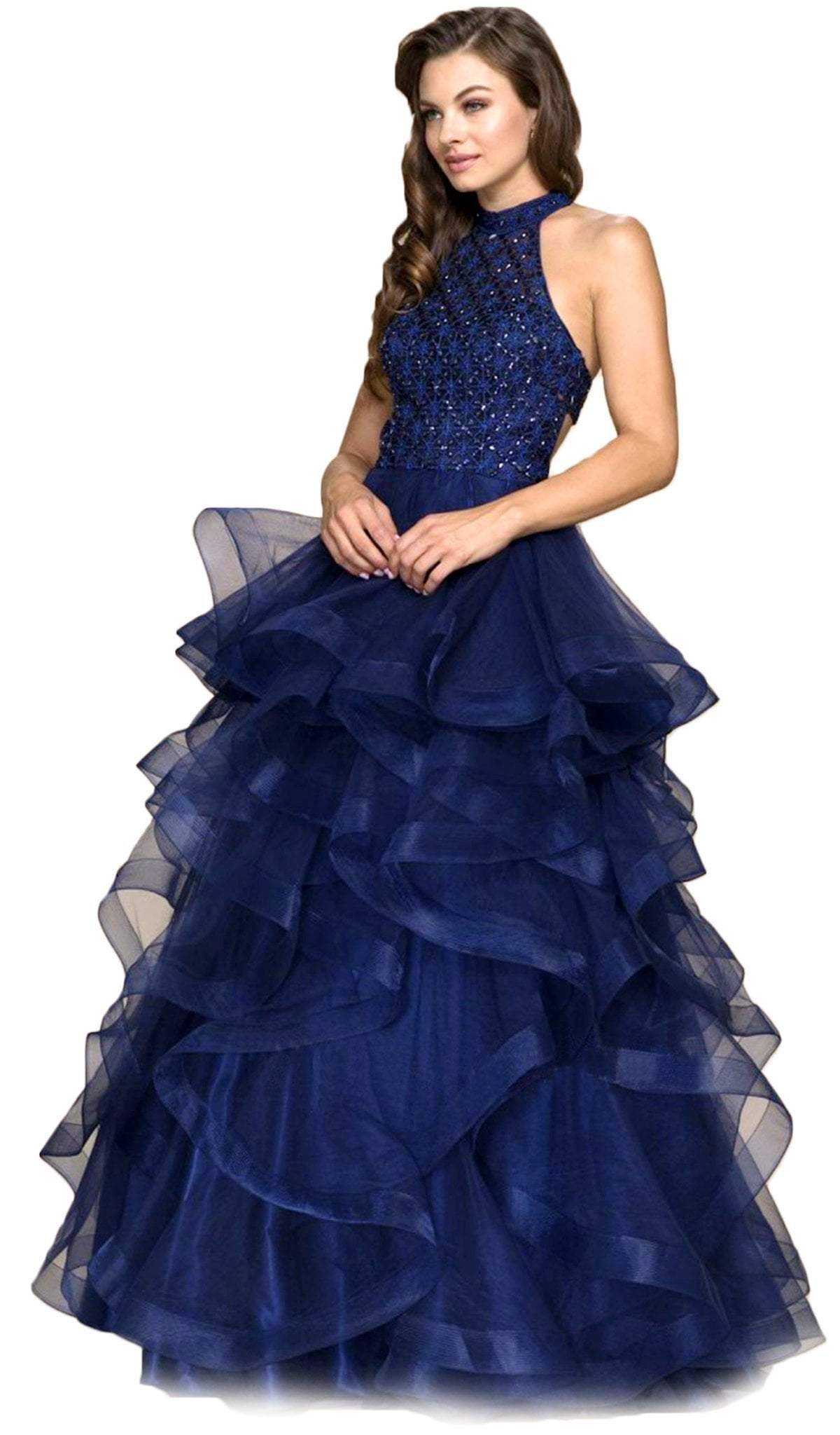 Nox Anabel - A065SC Lattice Beaded High Halter Tiered Tulle Ballgown
