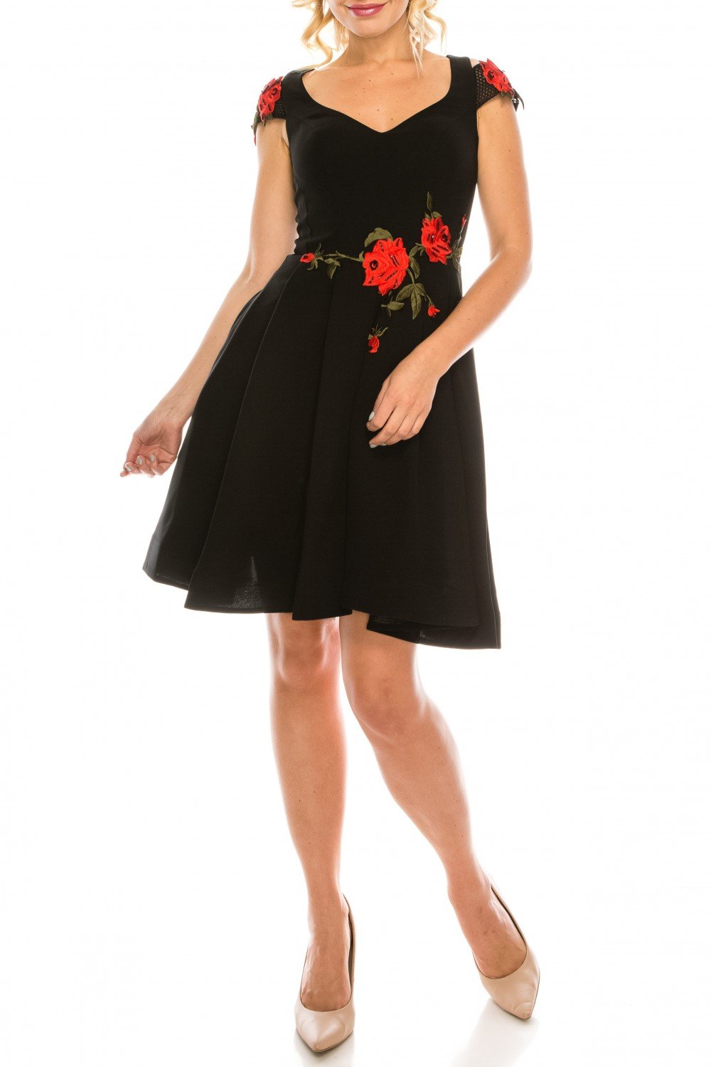 Odrella - 1006 Floral Embroidered V-Neck Short Dress In Black