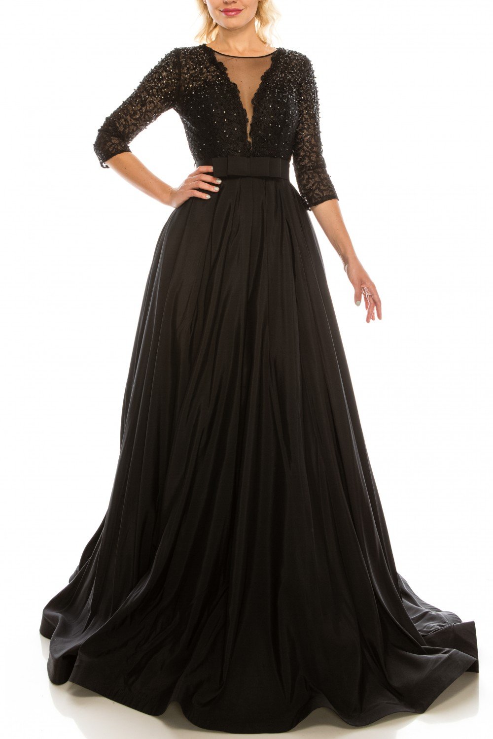 Odrella - 1026 Embroidered Mesh Quarter Sleeve A-Line Gown In Black