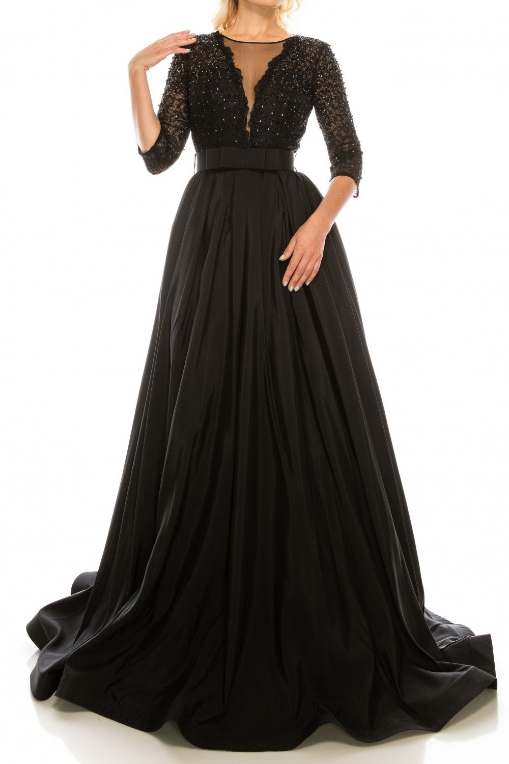 Odrella - 1026 Embroidered Mesh Quarter Sleeve A-Line Gown In Black