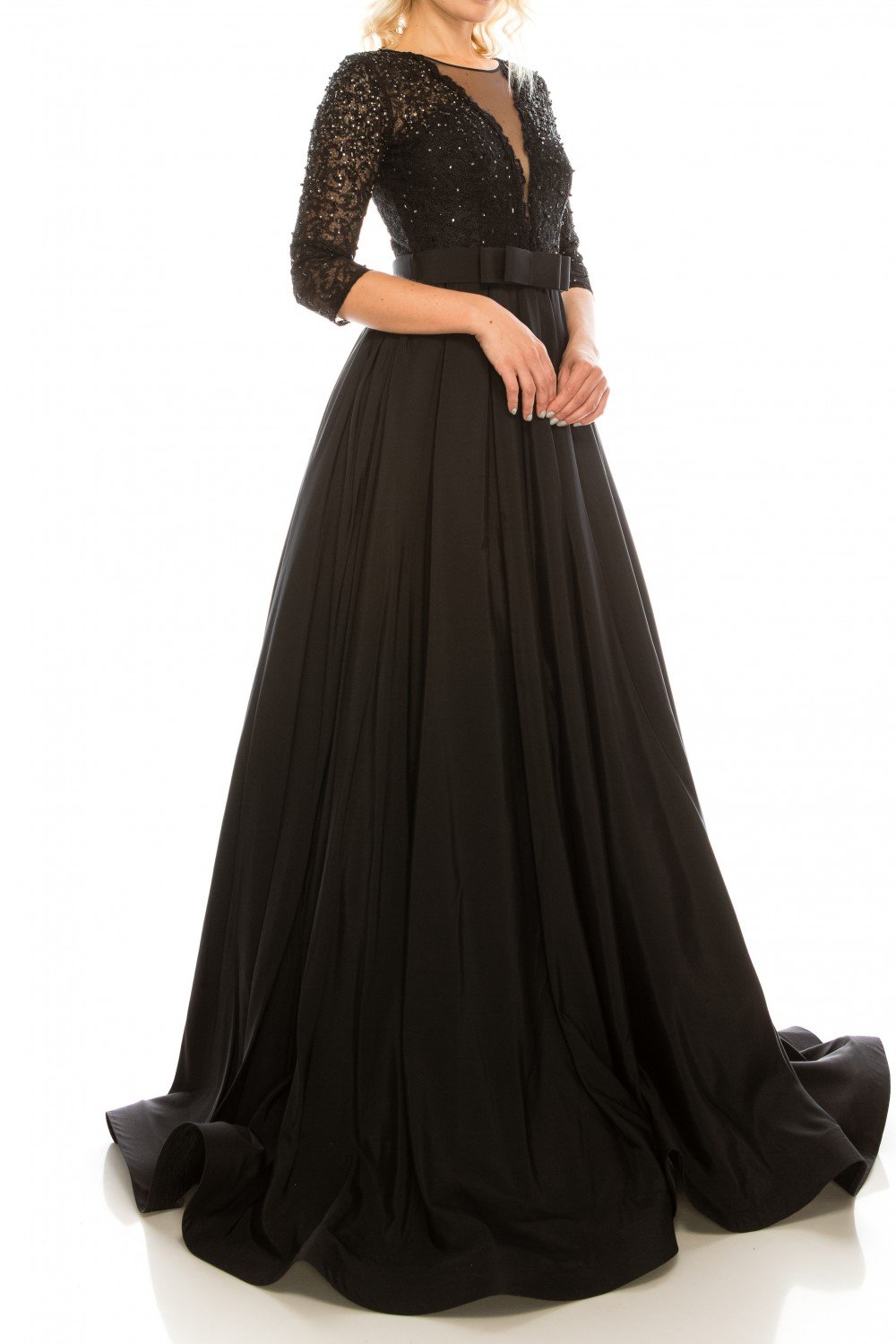 Odrella - 1026 Embroidered Mesh Quarter Sleeve A-Line Gown In Black