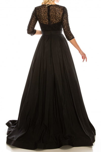 Odrella - 1026 Embroidered Mesh Quarter Sleeve A-Line Gown In Black