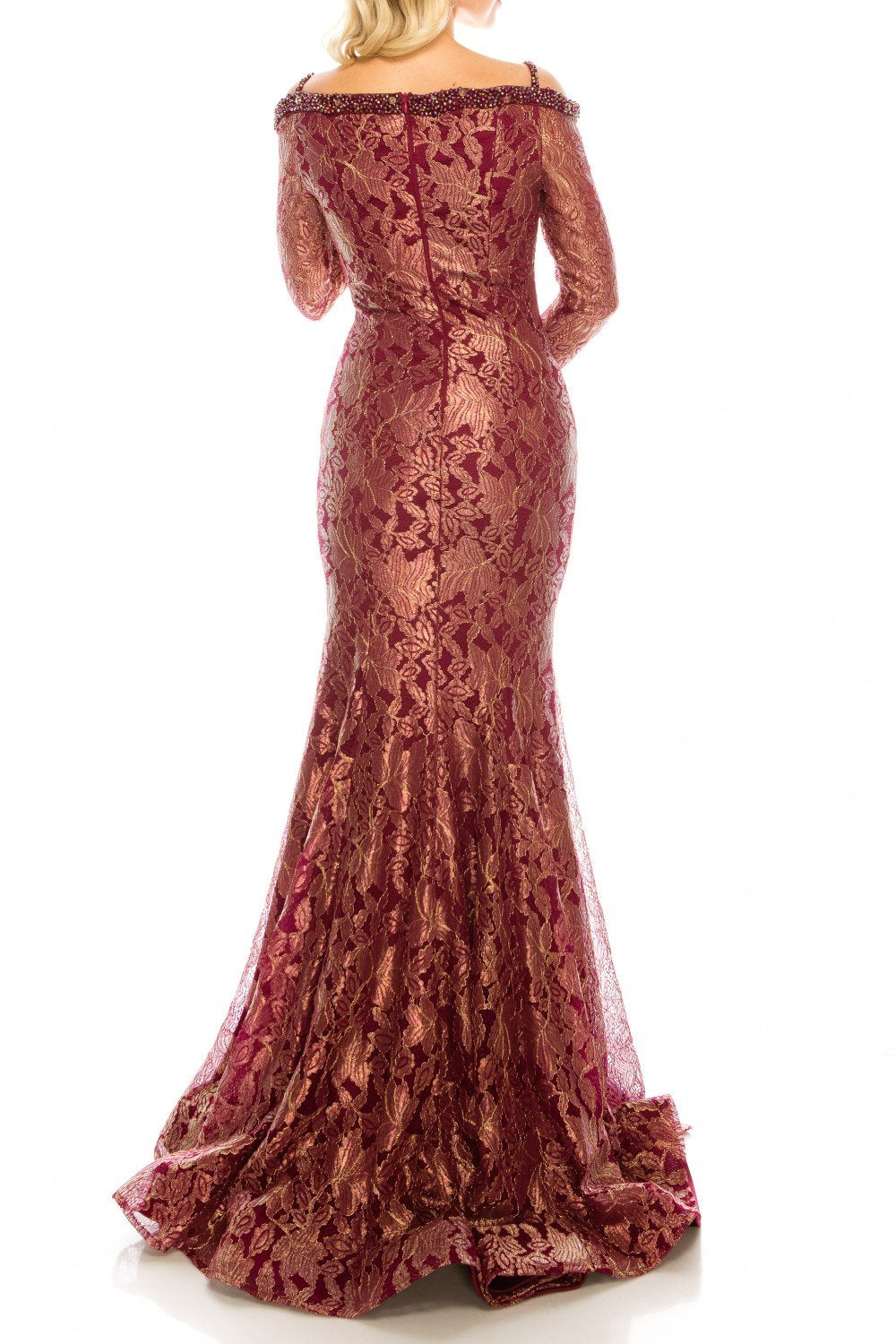 Odrella - 1080 Bejeweled Plunging Off Shoulder Metallic Lace Gown In Red