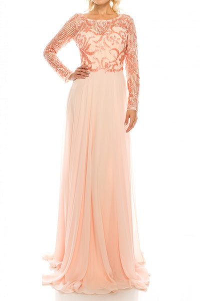 Odrella - 1147 Long Sleeve Sequined Filigree A-Line Gown In Pink