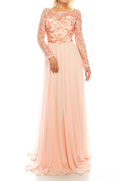 Odrella - 1147 Long Sleeve Sequined Filigree A-Line Gown In Pink