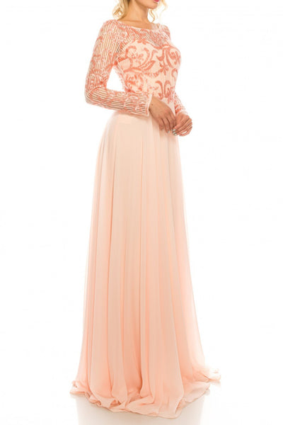 Odrella - 1147 Long Sleeve Sequined Filigree A-Line Gown In Pink