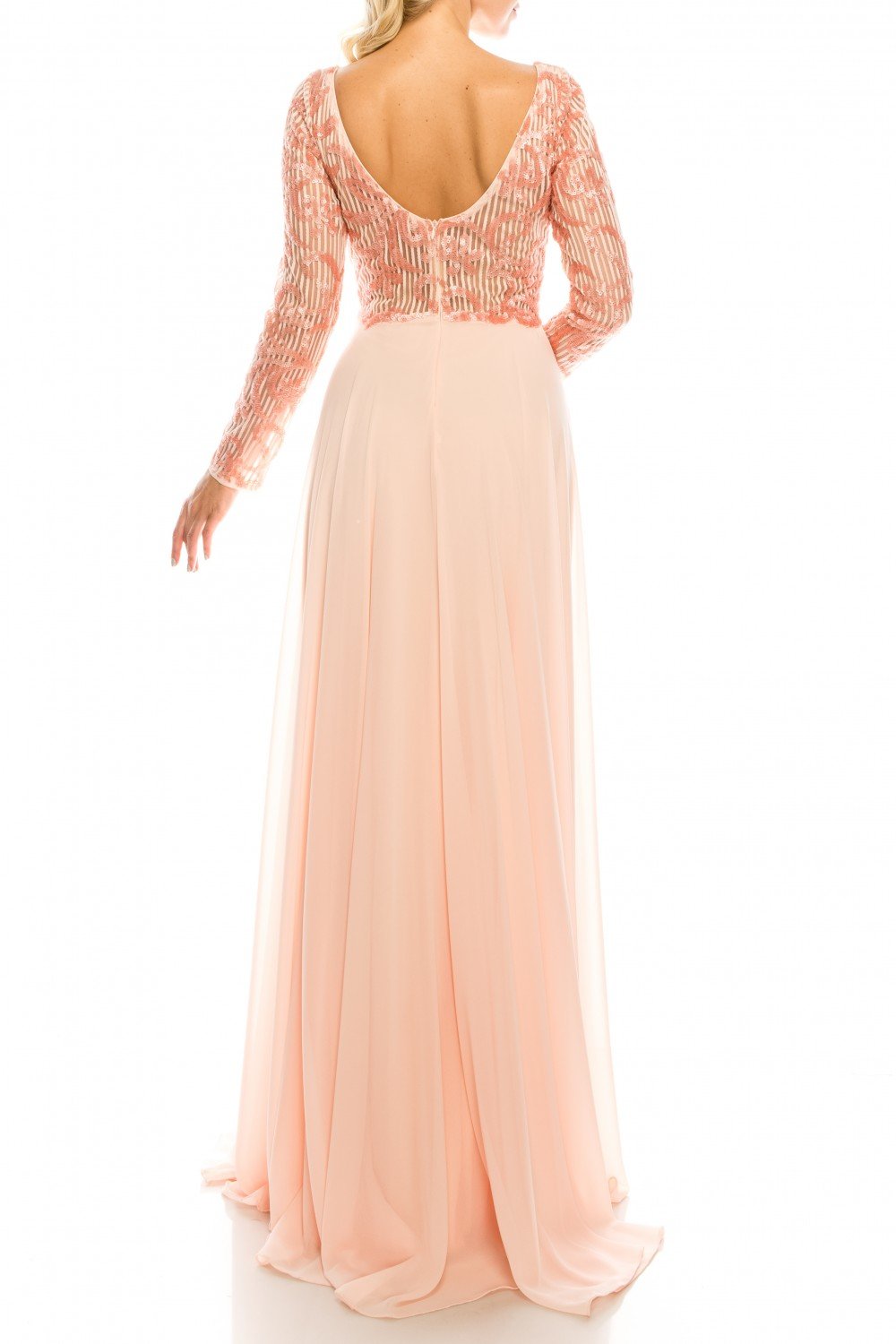 Odrella - 1147 Long Sleeve Sequined Filigree A-Line Gown In Pink