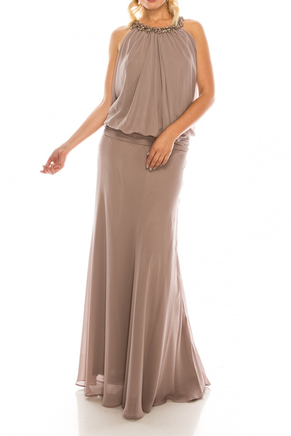 Odrella - 1321 Beaded Halter A-Line Dress In Neutral