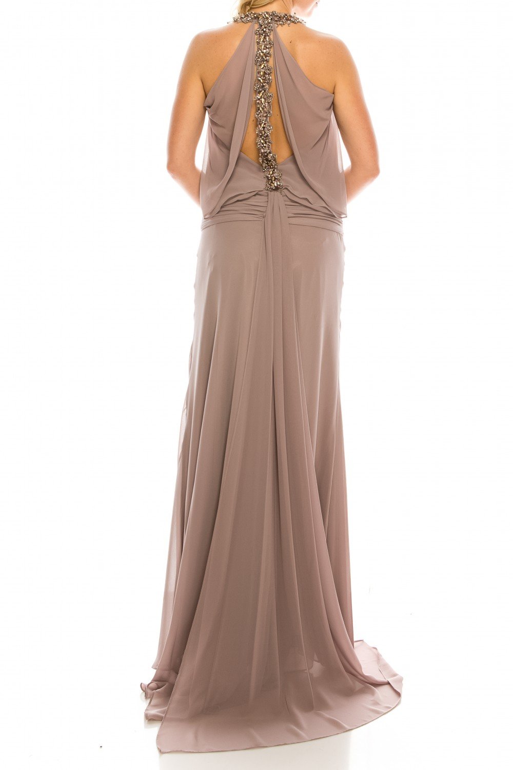 Odrella - 1321 Beaded Halter A-Line Dress In Neutral