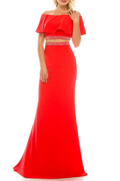 Odrella - 4562 Faux Two-Piece Off Shoulder Mermaid Gown In Red and Orange