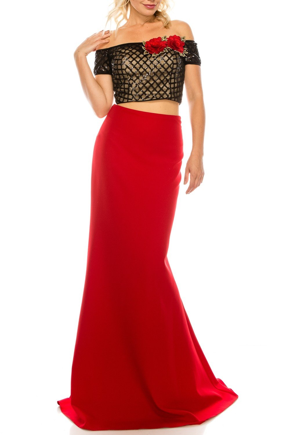 Odrella - 4599 Two Piece Sequined Off-Shoulder Evening Gown In Red