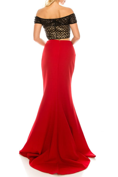 Odrella - 4599 Two Piece Sequined Off-Shoulder Evening Gown In Red
