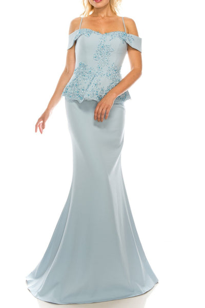 Odrella - 4617 Appliqued Peplum Accented Trumpet Gown In Blue
