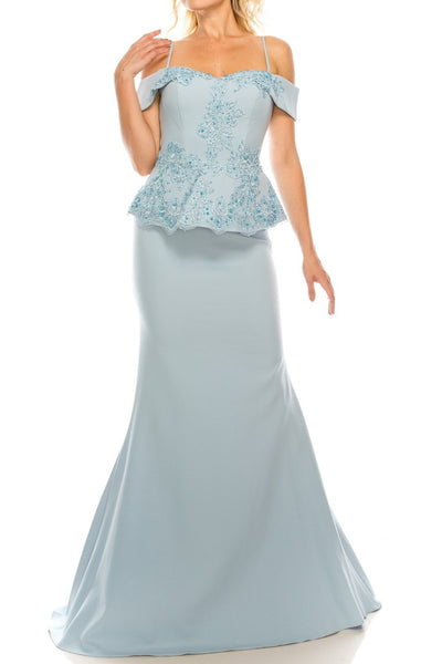 Odrella - 4617 Appliqued Peplum Accented Trumpet Gown In Blue