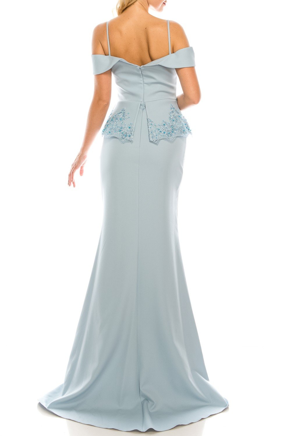 Odrella - 4617 Appliqued Peplum Accented Trumpet Gown In Blue