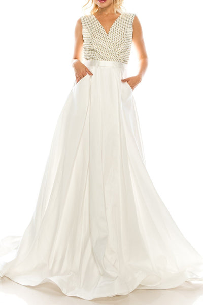 Odrella - 4747 Surplice Glitter Lattice Bodice A-Line Gown In White