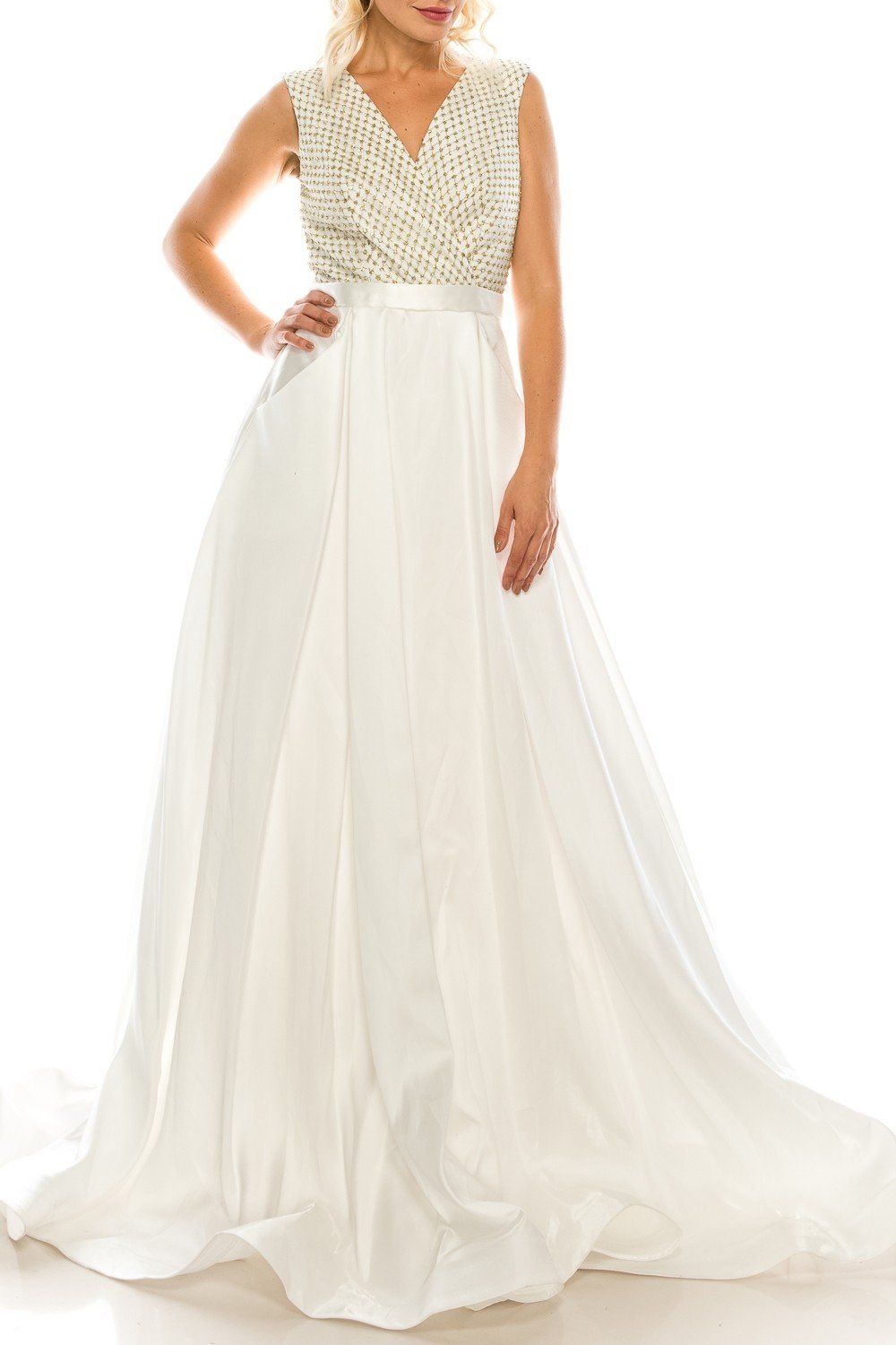 Odrella - 4747 Surplice Glitter Lattice Bodice A-Line Gown In White