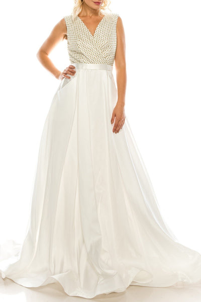 Odrella - 4747 Surplice Glitter Lattice Bodice A-Line Gown In White