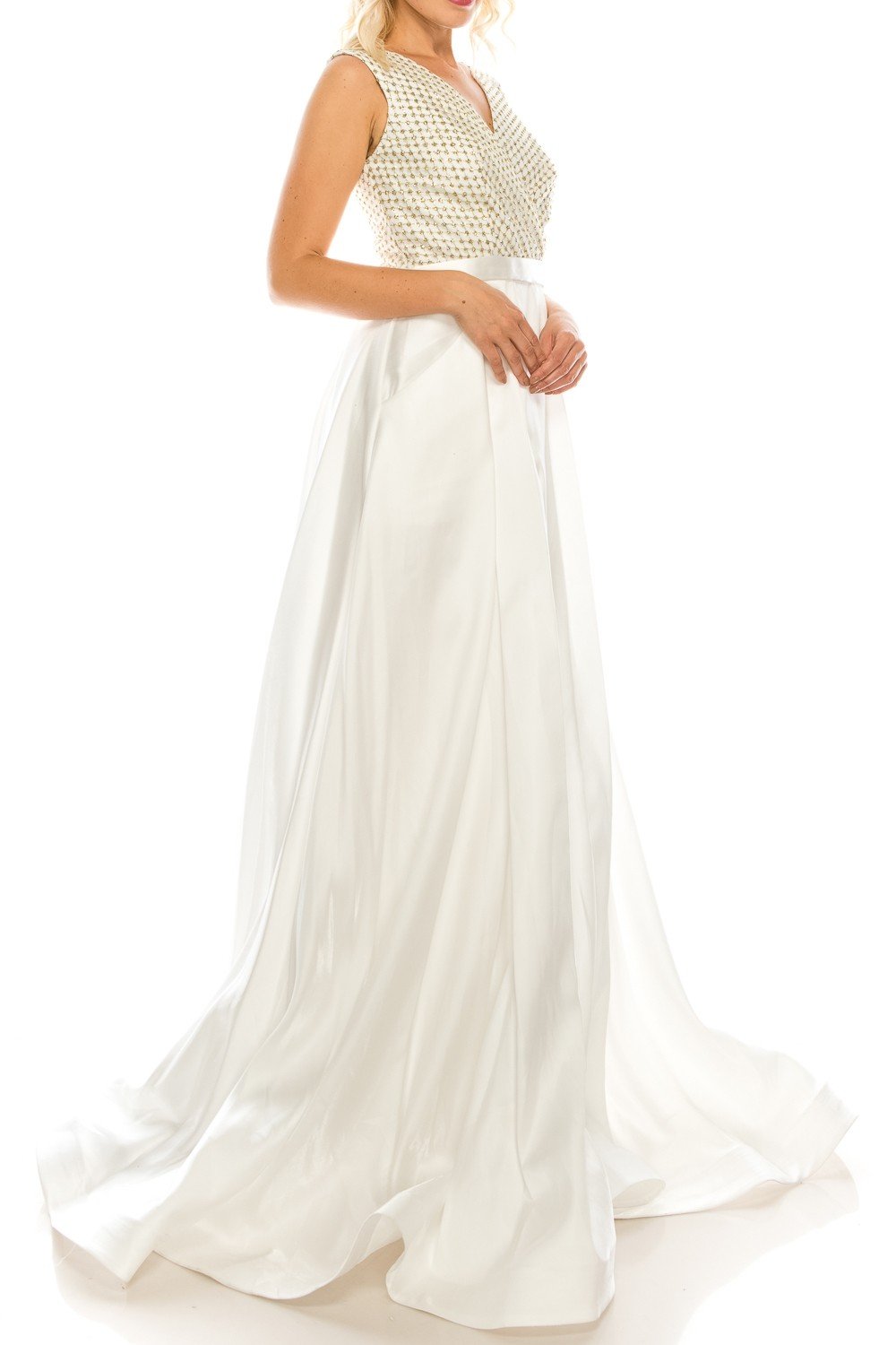 Odrella - 4747 Surplice Glitter Lattice Bodice A-Line Gown In White