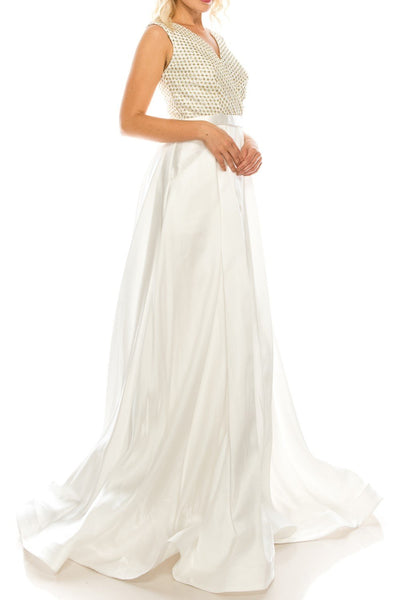 Odrella - 4747 Surplice Glitter Lattice Bodice A-Line Gown In White