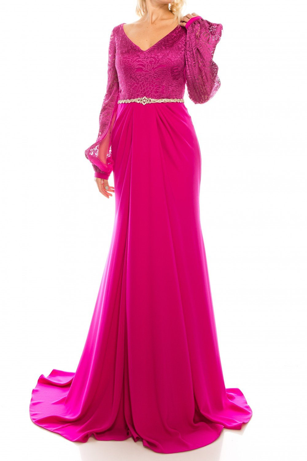 Odrella - 7Y1090 Bishop Sleeve Embroidered Mesh Jacquard Gown In Pink