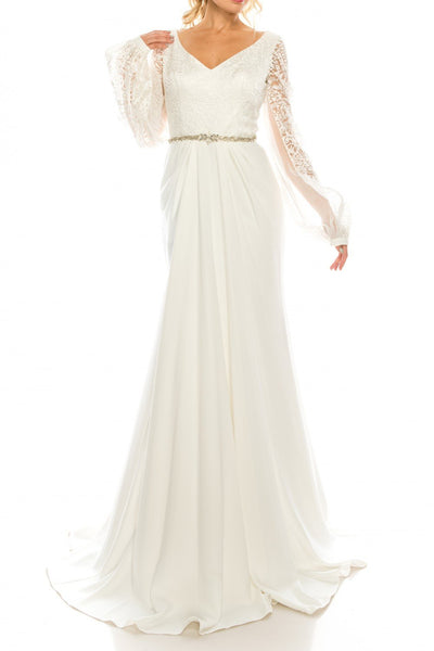 Odrella - 7Y1090 Bishop Sleeve Embroidered Mesh Jacquard Gown In White