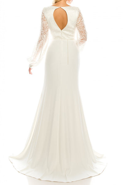 Odrella - 7Y1090 Bishop Sleeve Embroidered Mesh Jacquard Gown In White
