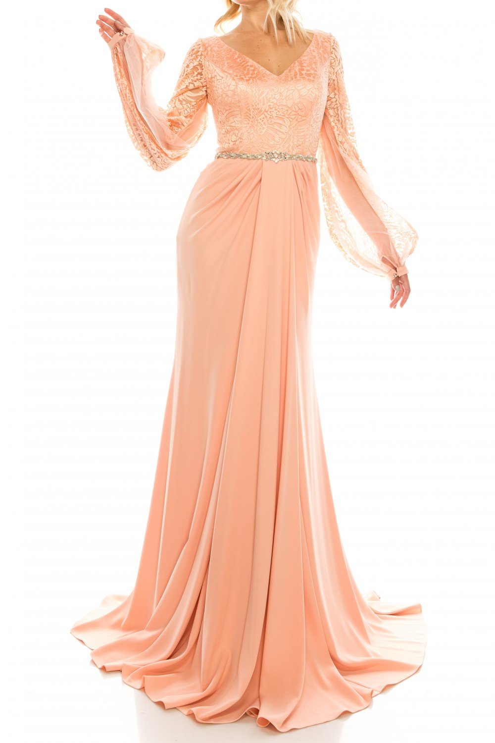 Odrella - 7Y1090 Bishop Sleeve Embroidered Mesh Jacquard Gown In Orange and Pink