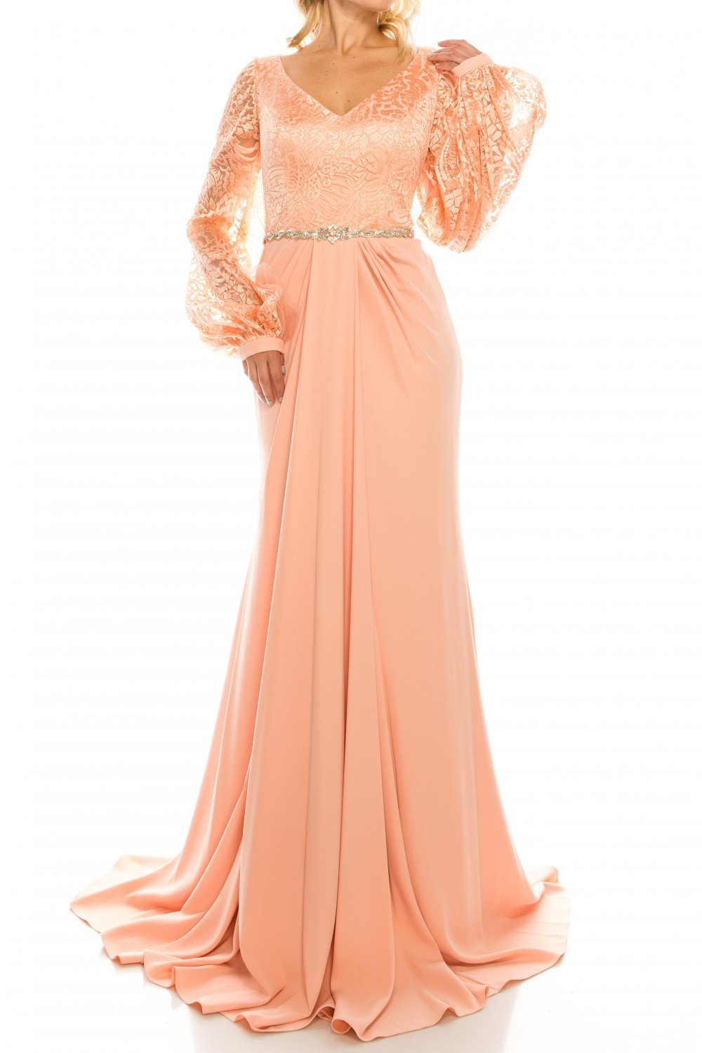 Odrella - 7Y1090 Bishop Sleeve Embroidered Mesh Jacquard Gown In Orange and Pink