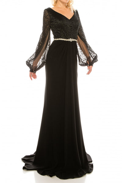 Odrella - 7Y1090B Embroidered V-neck Trumpet Dress In Black