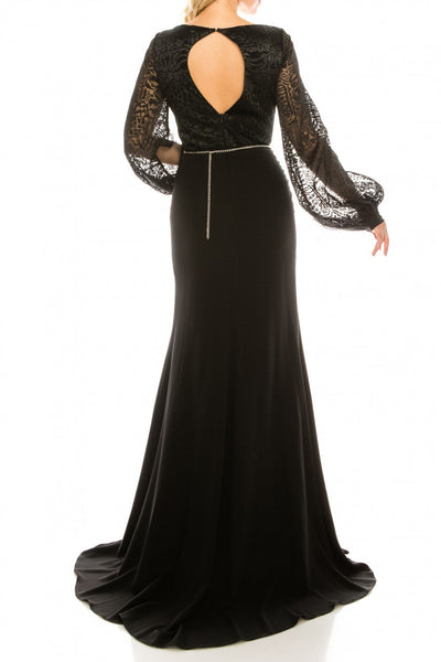 Odrella - 7Y1090B Embroidered V-neck Trumpet Dress In Black