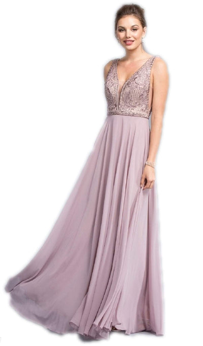 Ornate Deep V-neck A-line Prom Dress Dress XXS / Mauve