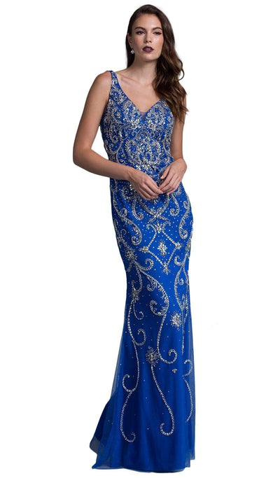Ornate V-neck Fitted Evening Dress Dress XXS / Royal