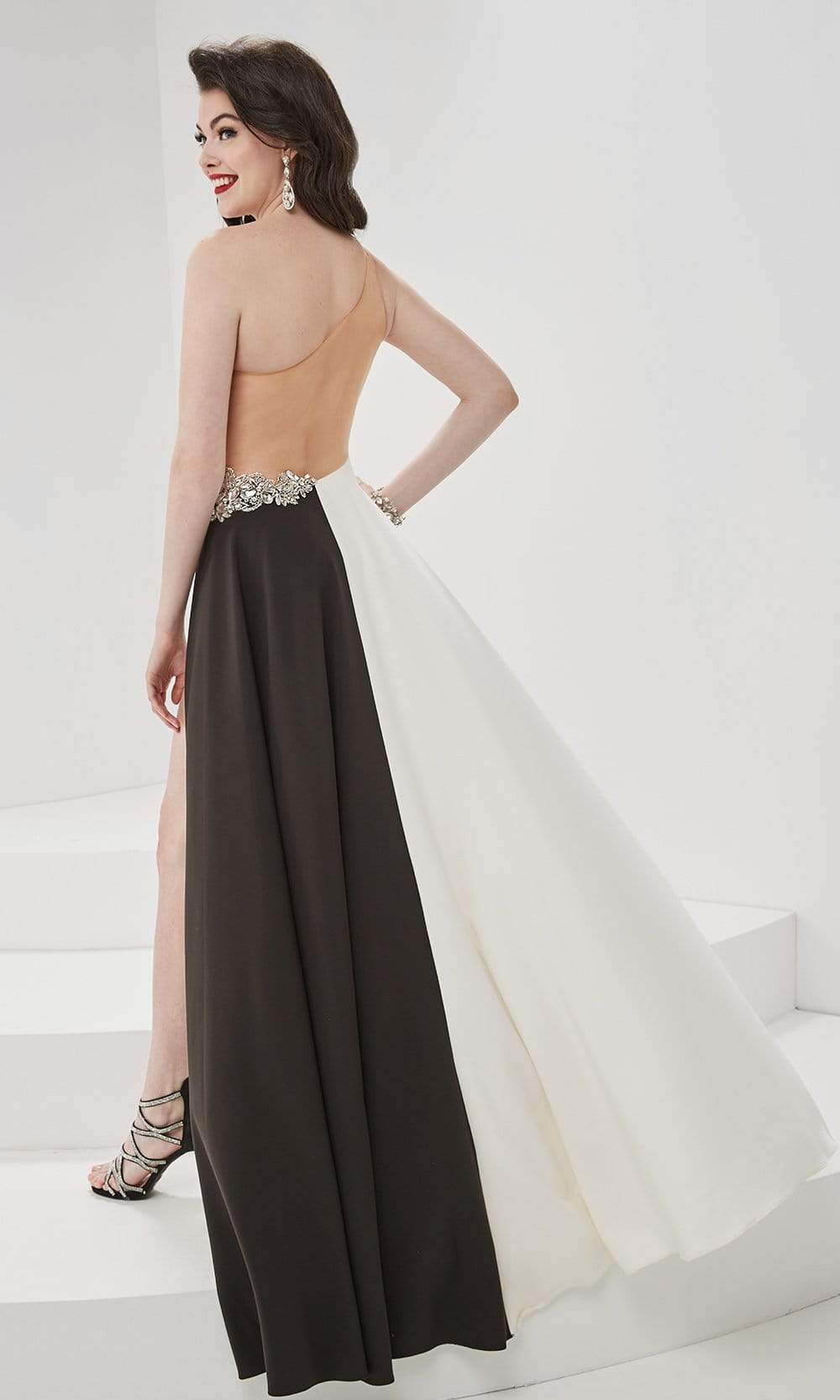 Panoply - One Shoulder Illusion Back Overskirt Dress 14061SC In White and Black
