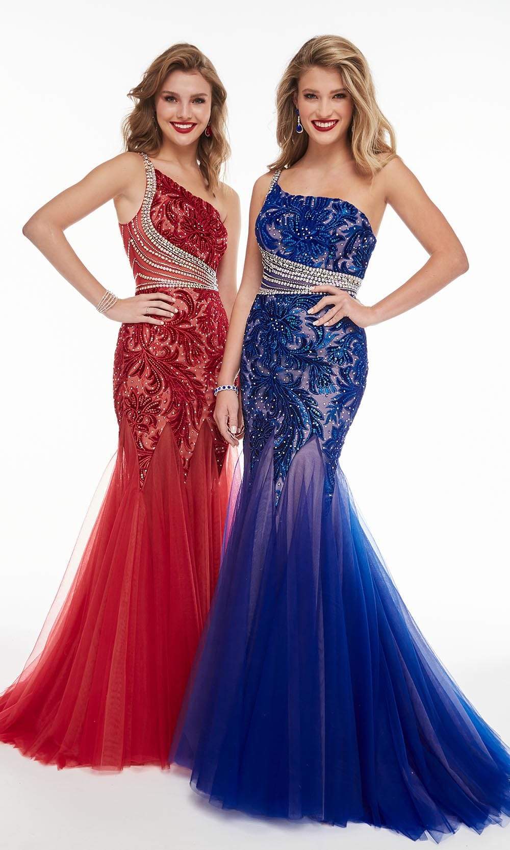 Panoply - 14066 Crystal Beaded Embroidered Velvet Trumpet Gown Evening Dresses 0 / Red/Nude