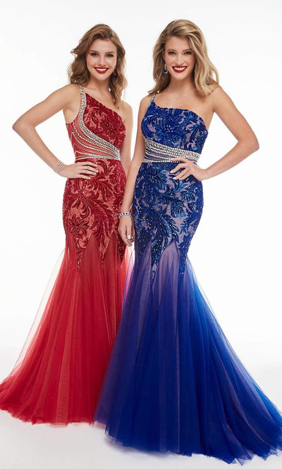 Panoply - 14066 Crystal Beaded Embroidered Velvet Trumpet Gown Evening Dresses 0 / Red/Nude