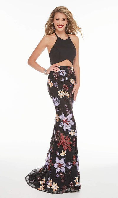 Panoply - 14070 Halter Croptop Floral Sequin Two-Piece Gown Evening Dresses 0 / Black Multi