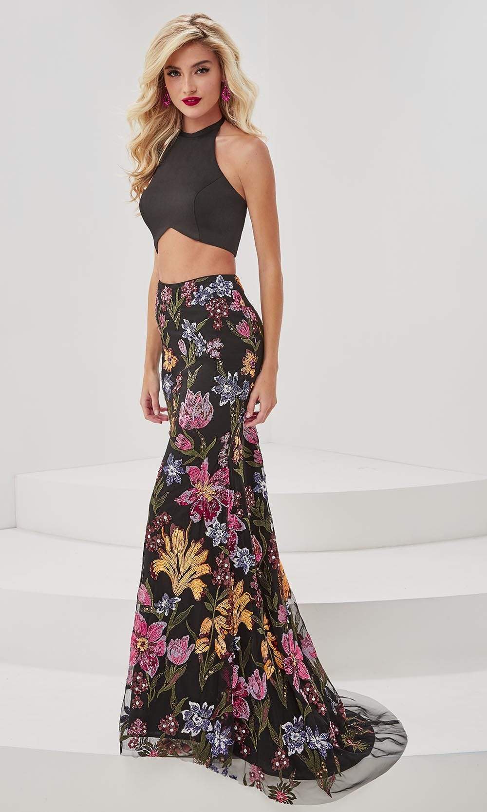 Panoply - 14070 Halter Croptop Floral Sequin Two-Piece Gown Evening Dresses