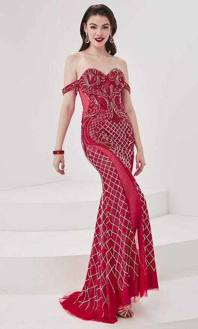 Panoply - 14079 Sweetheart Neck Double Sheer Slit Fully Beaded Gown Evening Dresses 0 / Red