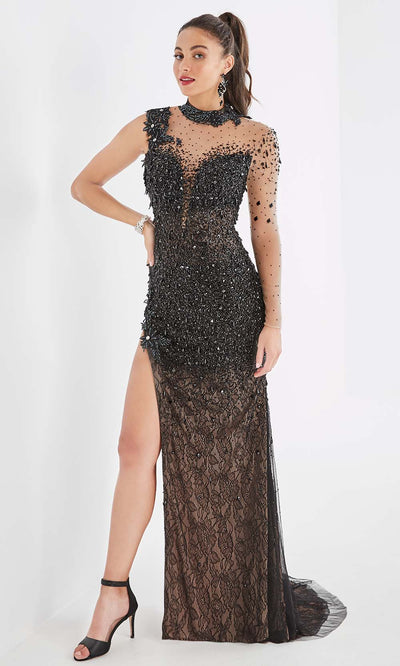 Panoply - 14083 Beaded Tulle Sheath Dress With Slit And Train Evening Dresses 0 / Black