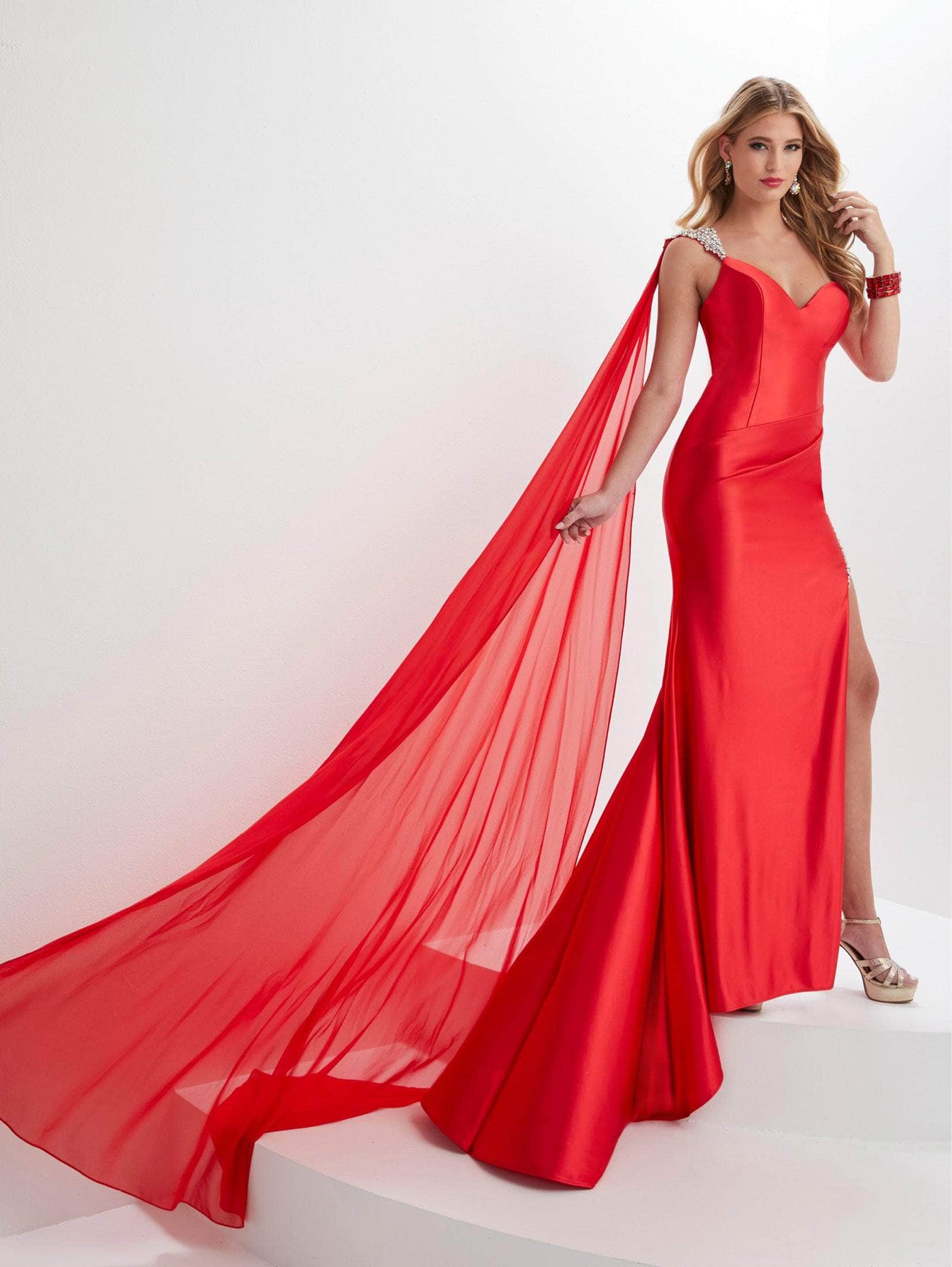 Panoply 14122 - Chiffon Cascade Evening Gown with Slit Pageant Dresses 0 / Red