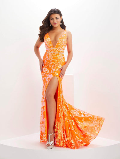Panoply 14124 - Sequin Plunging Evening Gown Evening Dresses 0 / Orange