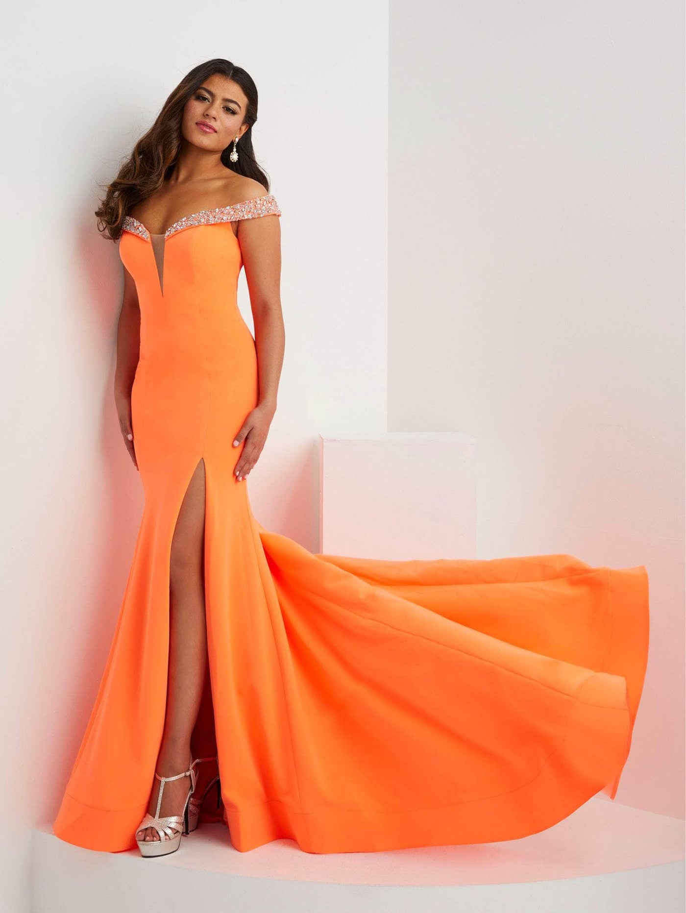 Panoply 14129 - Jeweled Neon Evening Gown Prom Dresses 0 / Neon Orange